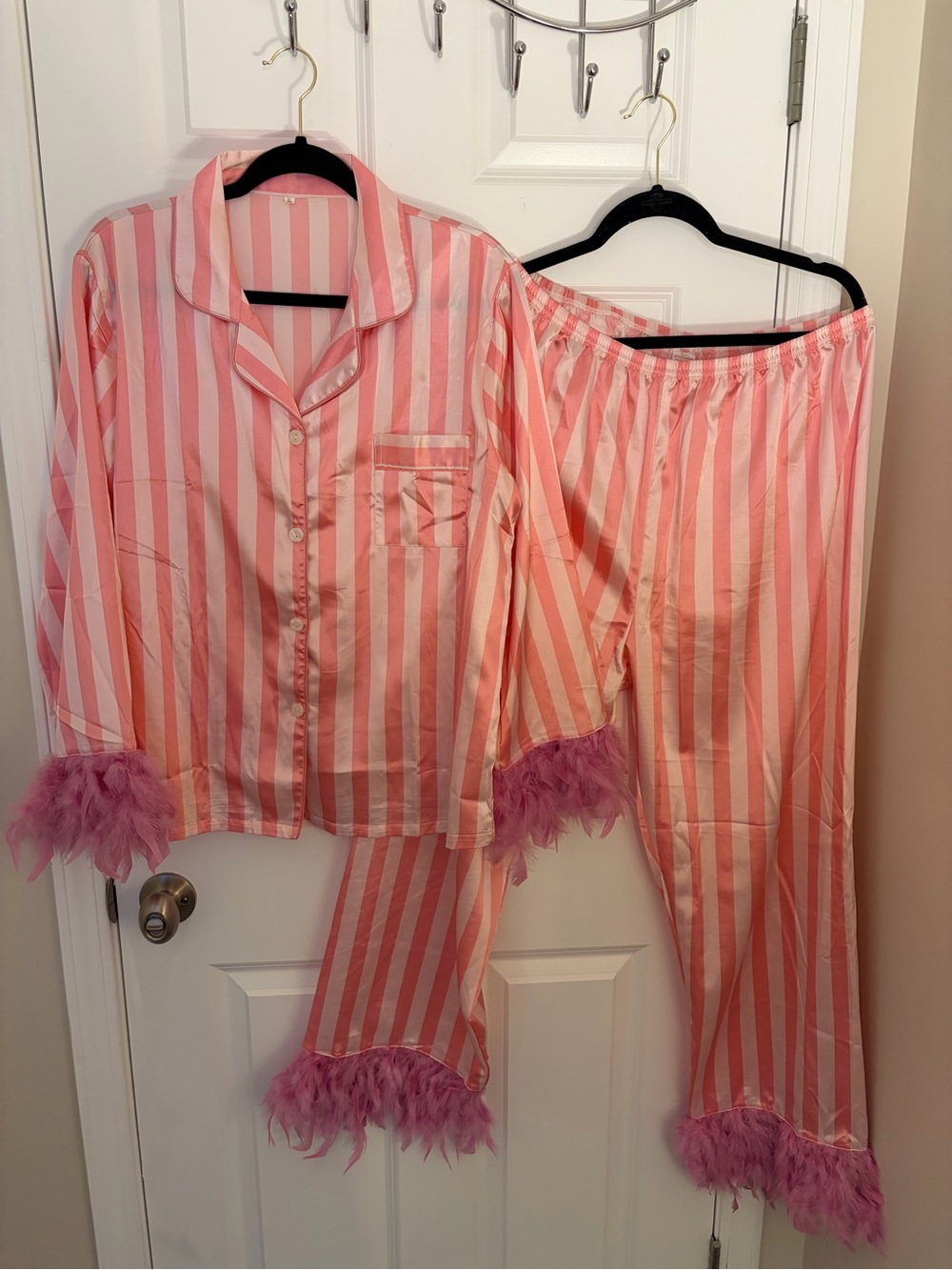 Pink Striped Feather-Trim Women’s Pajama Set XL